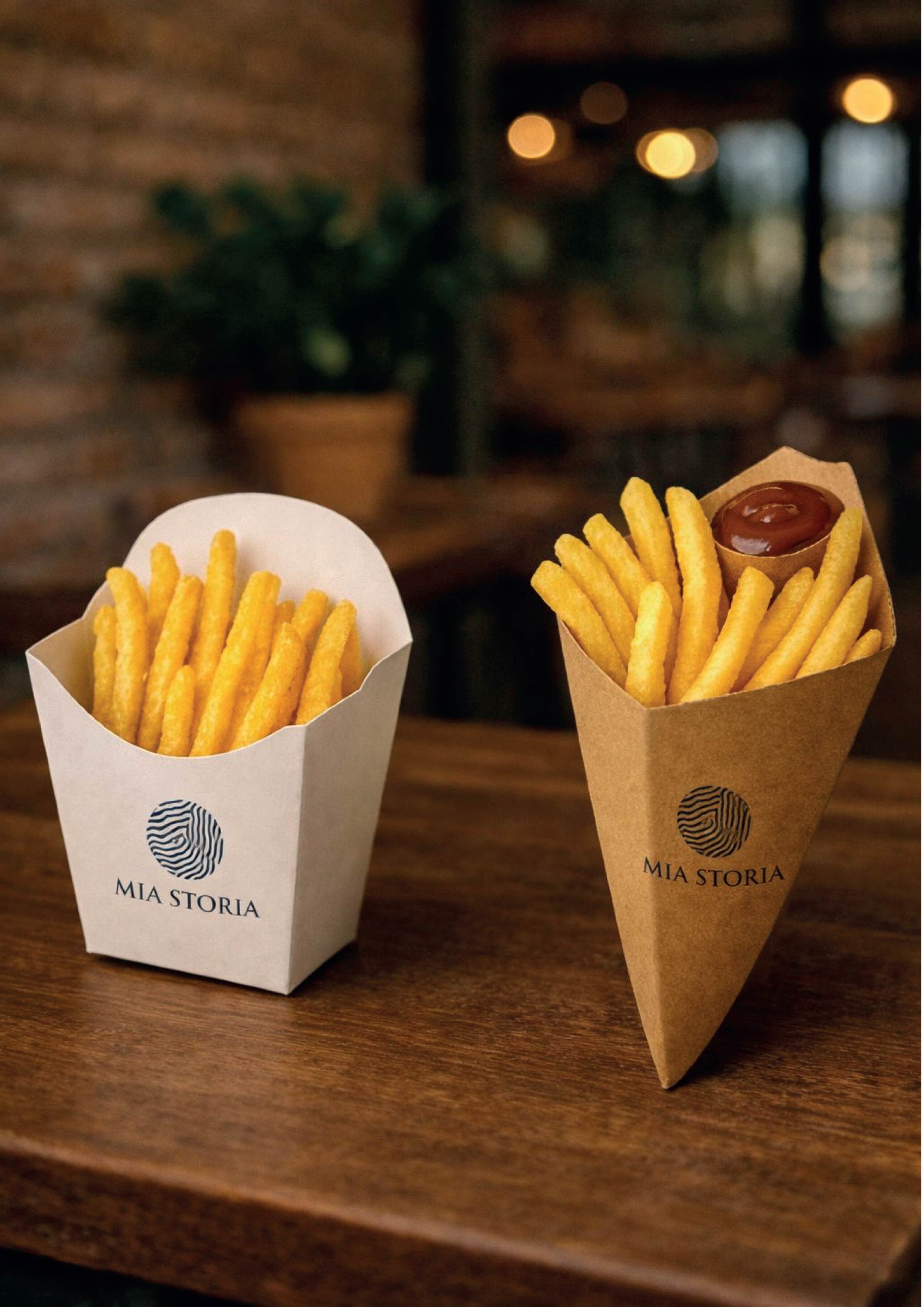 Bedruckte Pommes-Schütte und Pommes-Tüte